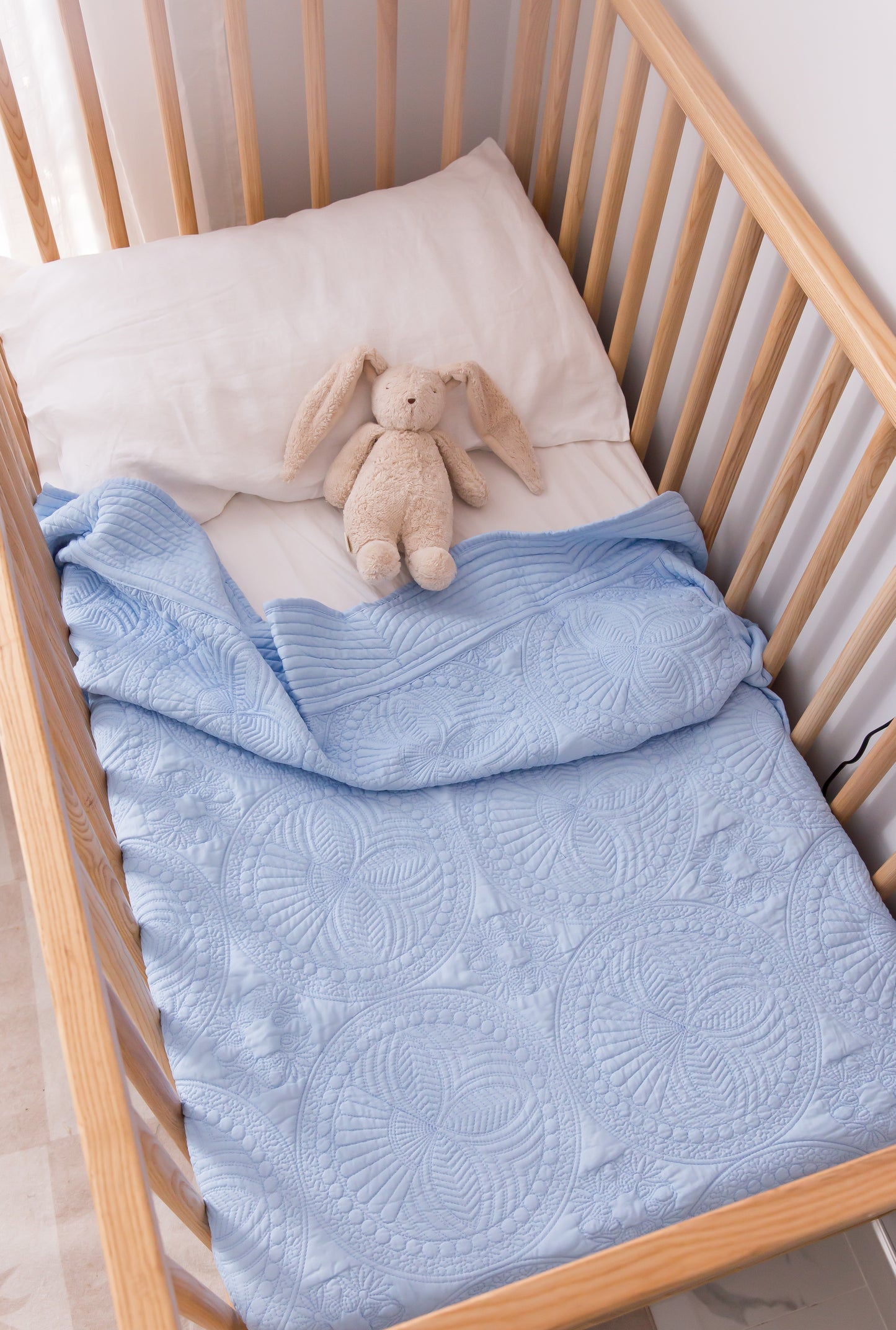 Quilted Baby Cot Quilt or Playmat - White, Blue, Pink