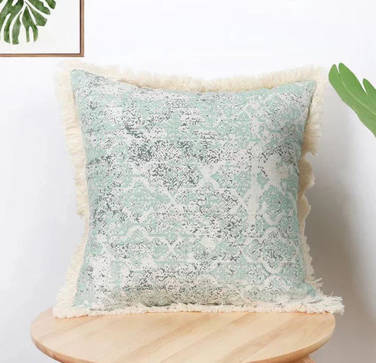 Fringed Coastal Blue Cotton Canvas Square Cushion