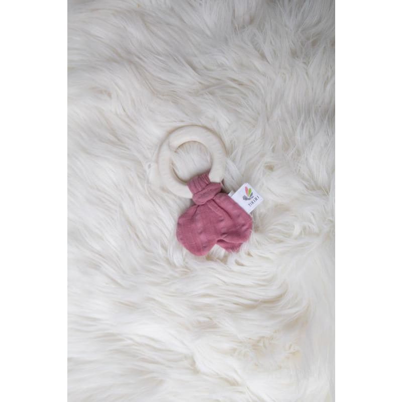 Natural Rubber Baby Teether - Dusty Pink Muslin Tie - Tikiri