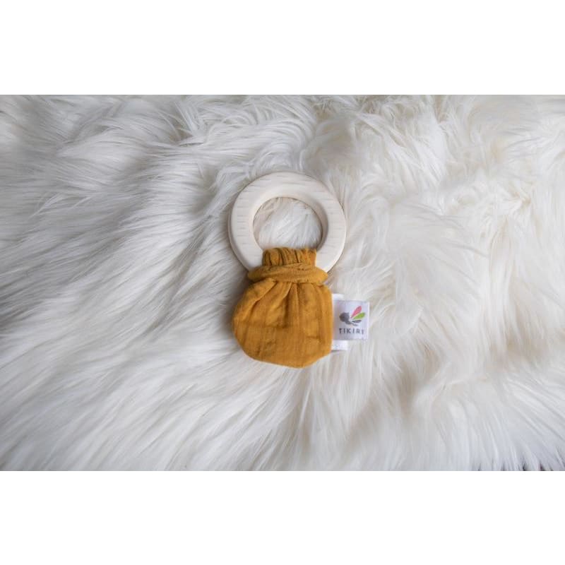 Natural Rubber Baby Teether - Mustard Muslin Tie - Tikiri