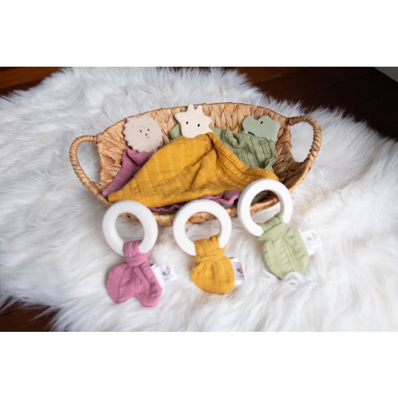 Natural Rubber Baby Teether - Mustard Muslin Tie - Tikiri