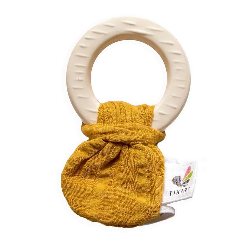 Natural Rubber Baby Teether - Mustard Muslin Tie - Tikiri