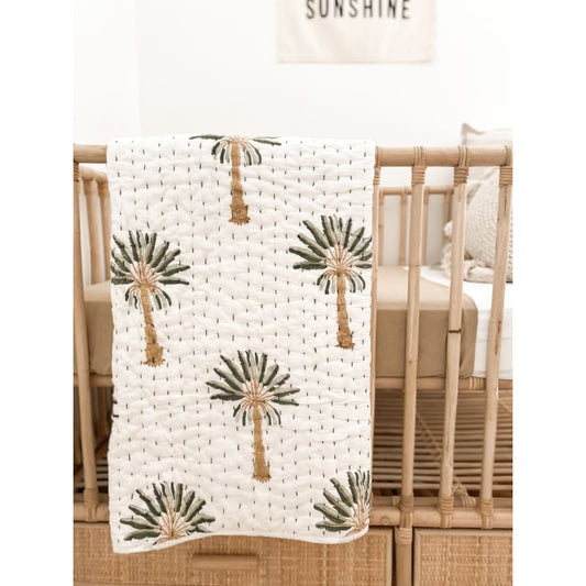 Palm Kantha Cot Quilt | Green - Affordable Homewares Fast