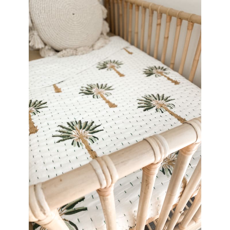 Palm Kantha Cot Quilt | Green - Affordable Homewares Fast
