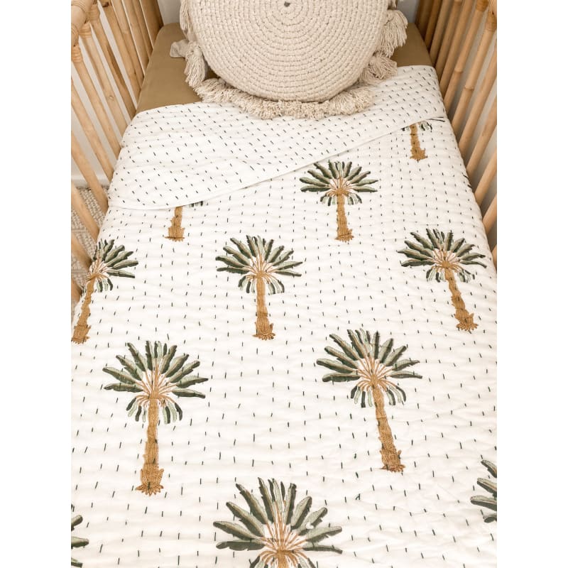 Palm Kantha Cot Quilt | Green - Affordable Homewares Fast