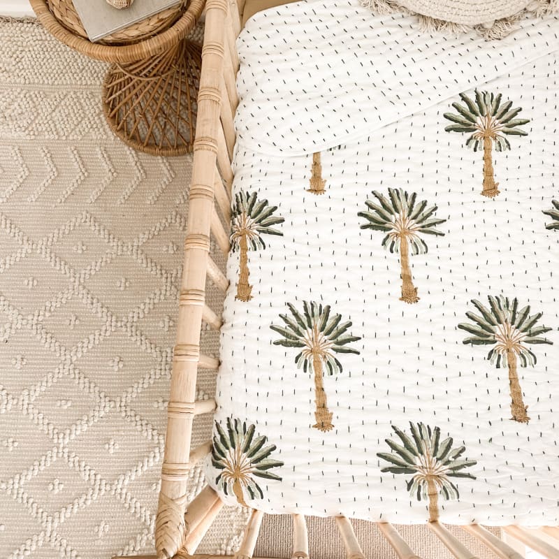 Palm Kantha Cot Quilt | Green - Affordable Homewares Fast