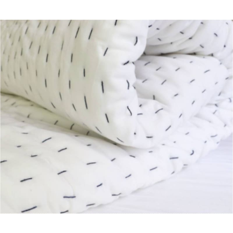 White with Navy Stitching Kantha Quilt - Double/Queen Bed -