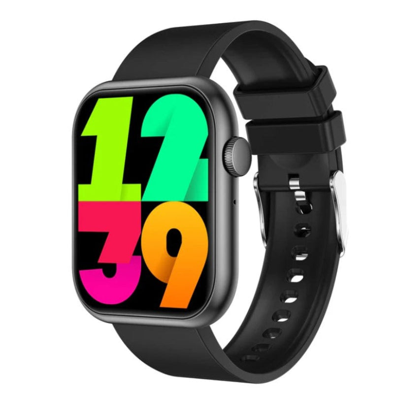 Smartwatch with a black band displaying colorful numbers on a white background