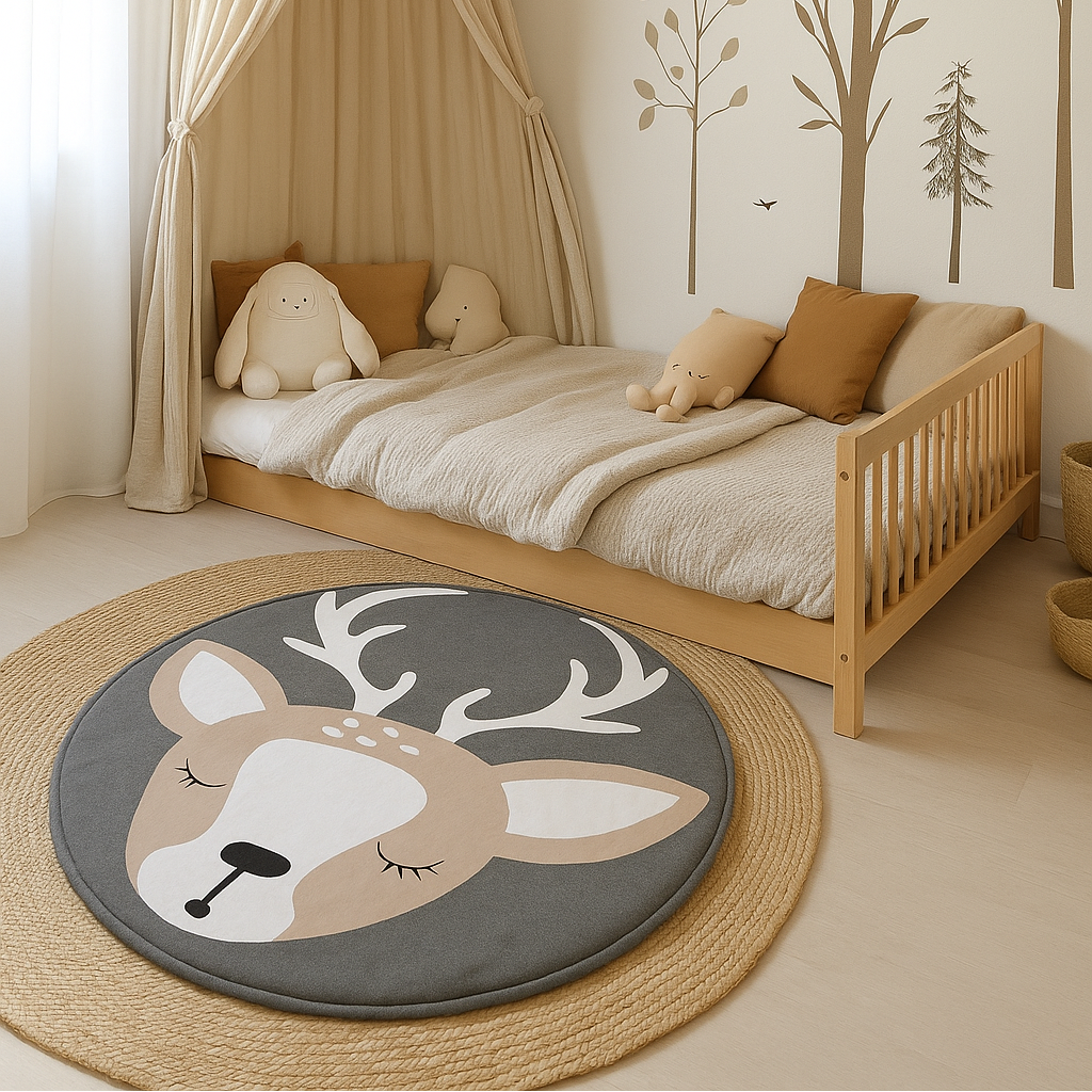 Children's bedroom with wooden bed, teddy bear, and deer rug.