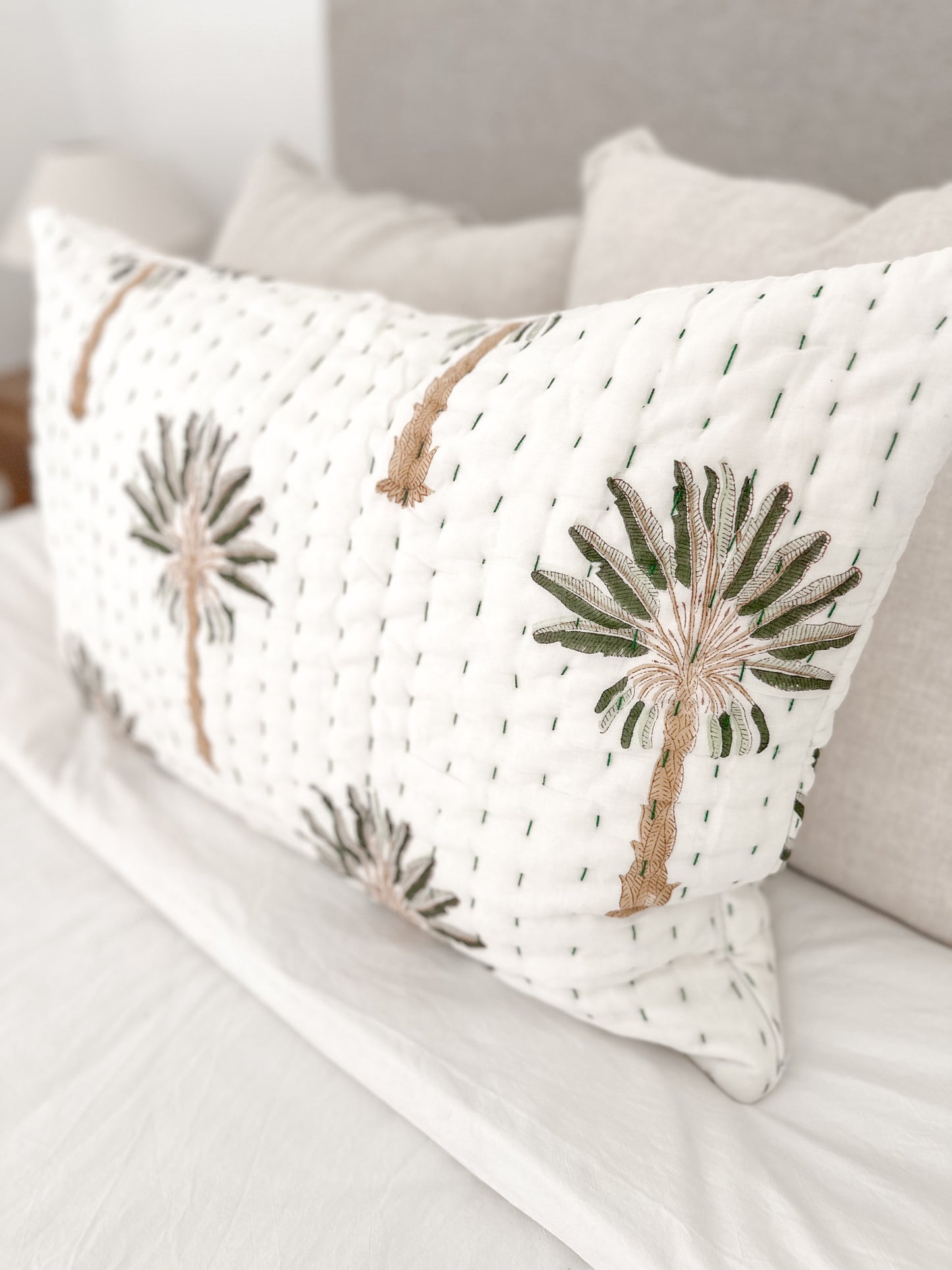 Green Palm Kantha Pillowcase