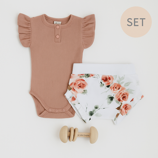 3-6 Months Baby Rosebud + Rattle Summer Clothing Set