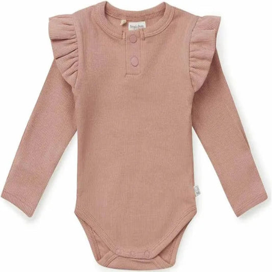 Pink baby bodysuit with ruffled sleeves on a white background