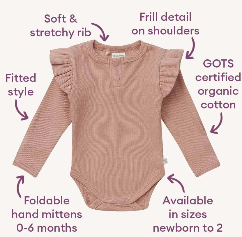 Baby bodysuit with ruffled shoulders and text highlighting features on a white background