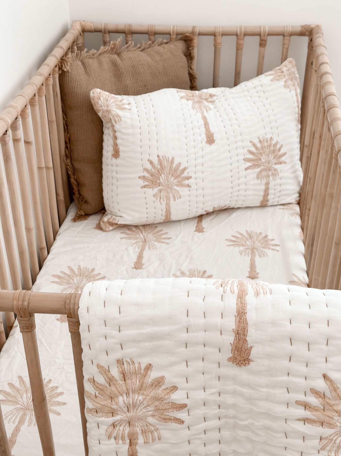Neutral Palm Kantha Cot Quilt (optional fitted sheet and pillowcase)