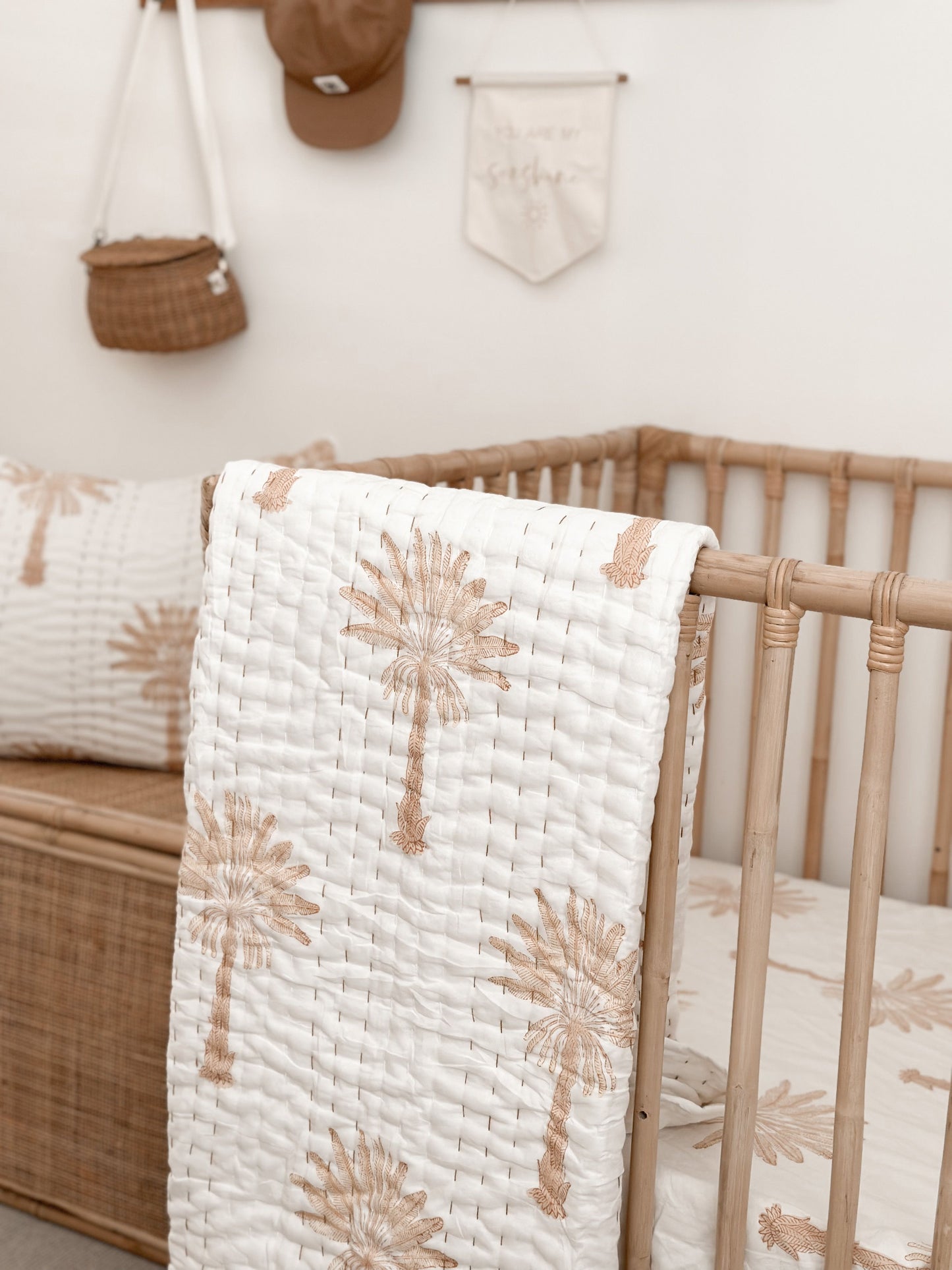 Neutral Palm Kantha Cot Quilt (optional fitted sheet and pillowcase)