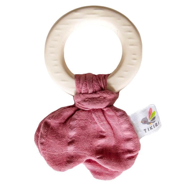 Natural Rubber Baby Teether - Dusty Pink Muslin Tie - Tikiri